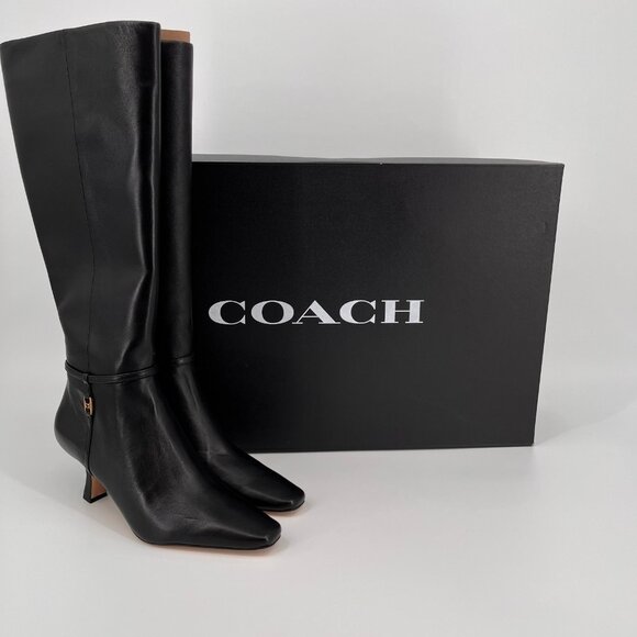 Coach Raquel Leather Tall Boots Size 9B Black Zip Closure Mid Heel CW985 - Picture 1 of 16